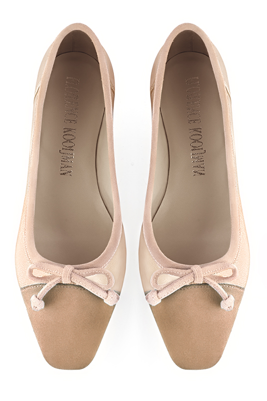 Tan beige, gold and powder pink women's ballet pumps, with low heels. Square toe. Flat flare heels. Top view - Florence KOOIJMAN